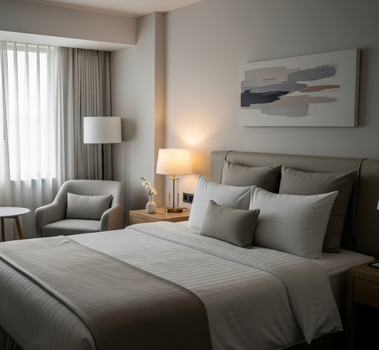 Desain kamar tidur ala hotel minimalis dengan palet warna netral, menampilkan tempat tidur yang rapi dan area tempat duduk kecil.