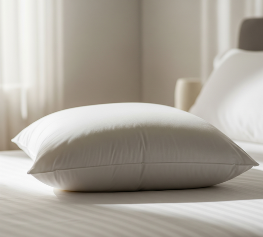Foto dekat bantal bulu angsa putih di tempat tidur yang rapi. Tampilan yang lembut dan mengundang ini sangat ideal untuk tips tentang cara merawat bantal bulu angsa.